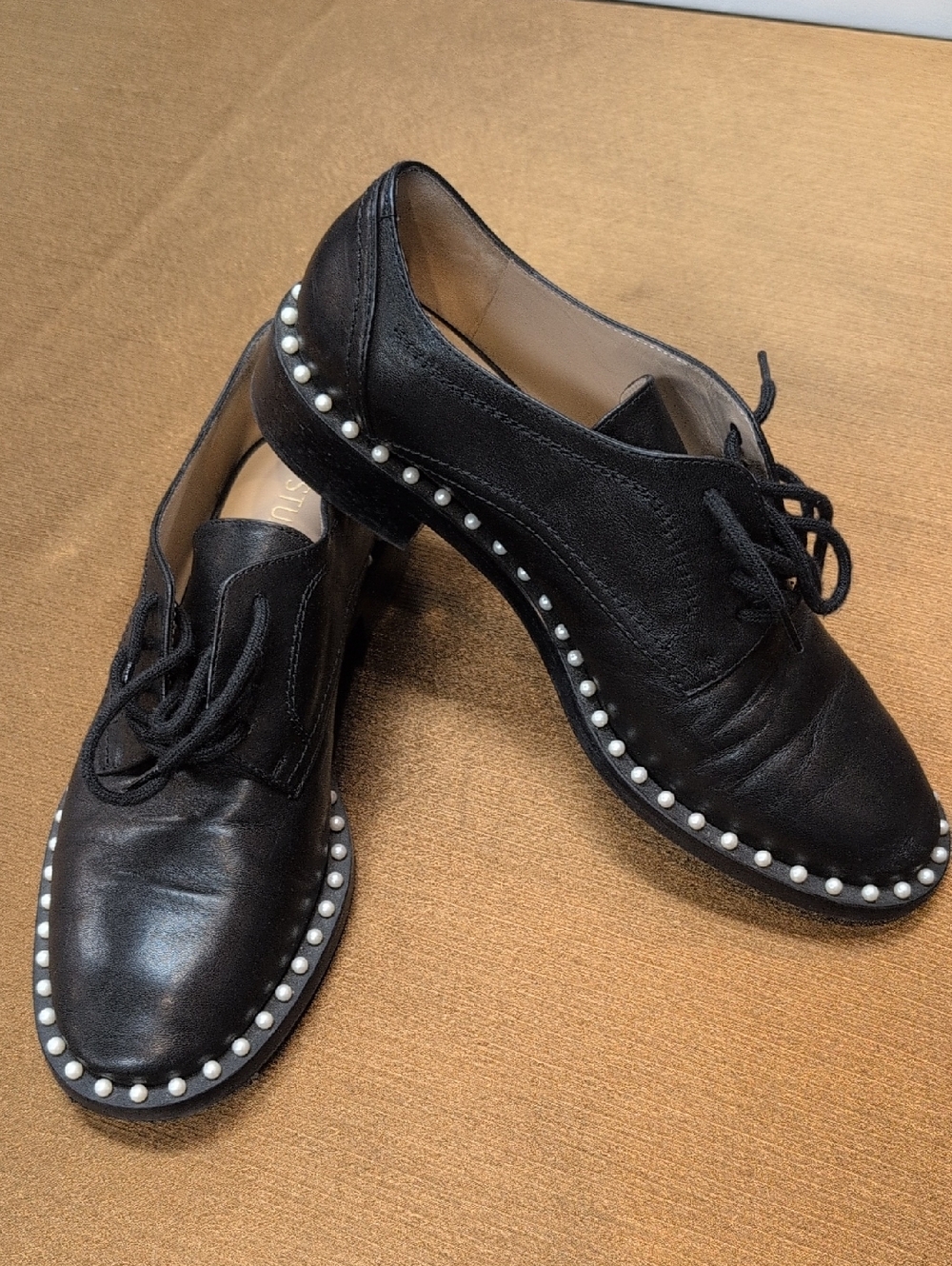 Stuart Weitzman Black Pearl-Studded Lace-Up Flats